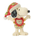 Snoopy figurine wearing a festive hat and outfit on a white background