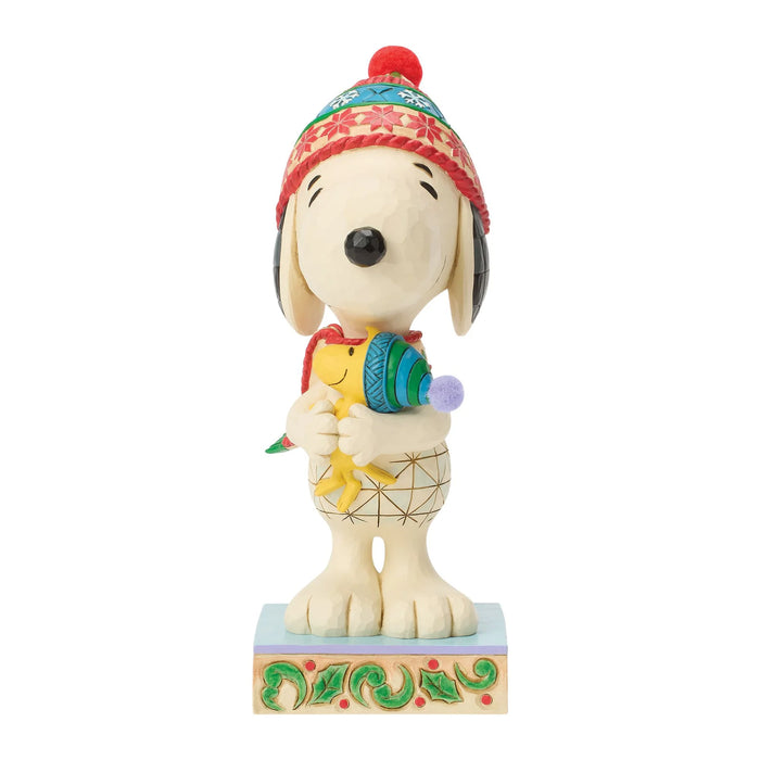 Festive Snoopy and Woodstock hugging figurine