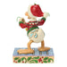 Animated character figurine with a red hat and green scarf on a decorative base
