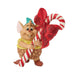 Animated character holding a large candy cane with a red bow on a white background
