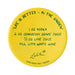 Yellow coaster with green text and branding on a white background