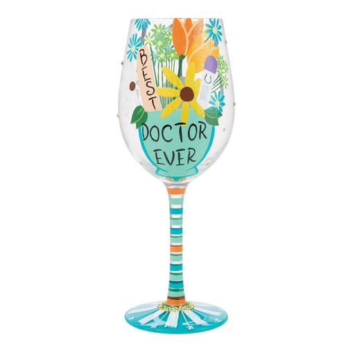 Decorative wine glass with floral design and 'Best Doctor Ever' text on a white background