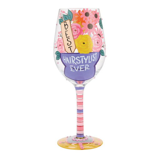 Decorative wine glass with floral design and text on a white background