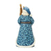 Santa figurine with blue and gold accents holding a gold Christmas tree on a white background
