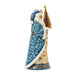 Santa figurine with blue and gold accents holding a gold Christmas tree on a white background