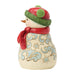 Decorative snowman figurine with a green hat and red scarf on a white background