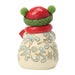A ceramic Christmas snowman figurine with a cream-colored body decorated with light blue and gold snowflake patterns, wearing a red hat with green pom-poms and a green and red knit scarf, set against a plain white background.