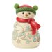 Decorative snowman figurine with a red scarf and green hat on a white background
