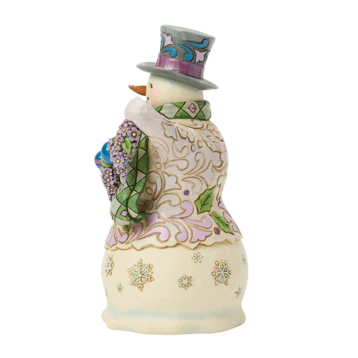 Decorative snowman figurine with intricate patterns and a top hat on a white background