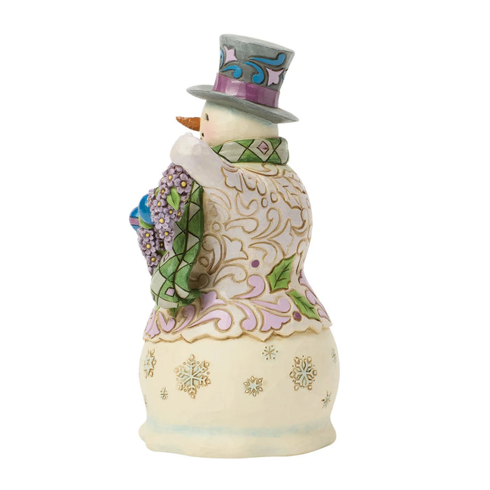 Decorative snowman figurine with intricate patterns and a top hat on a white background