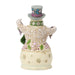 A decorative ceramic snowman figurine with a cream-colored body, gold glitter patterns, green and purple accents, and a gray top hat, shown against a plain white background.