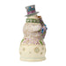 Decorative figurine of a snowman with a top hat and floral wreath on a white background