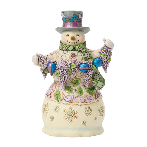 Decorative snowman figurine with top hat and colorful scarf on a white background