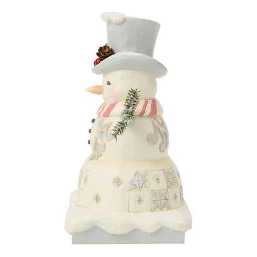 Frosty snowman figurine with a top hat and a pink scarf on a white background