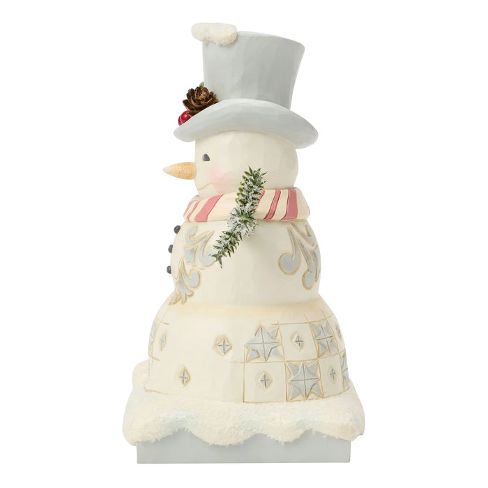 Frosty snowman figurine with a top hat and a pink scarf on a white background