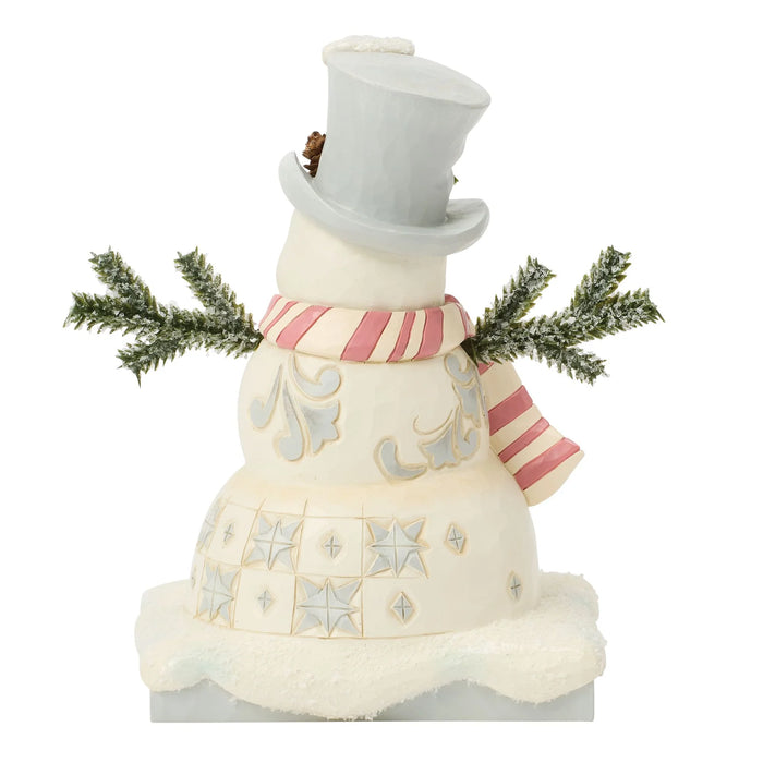 Frosty snowman figurine with a top hat and a pink scarf on a white background