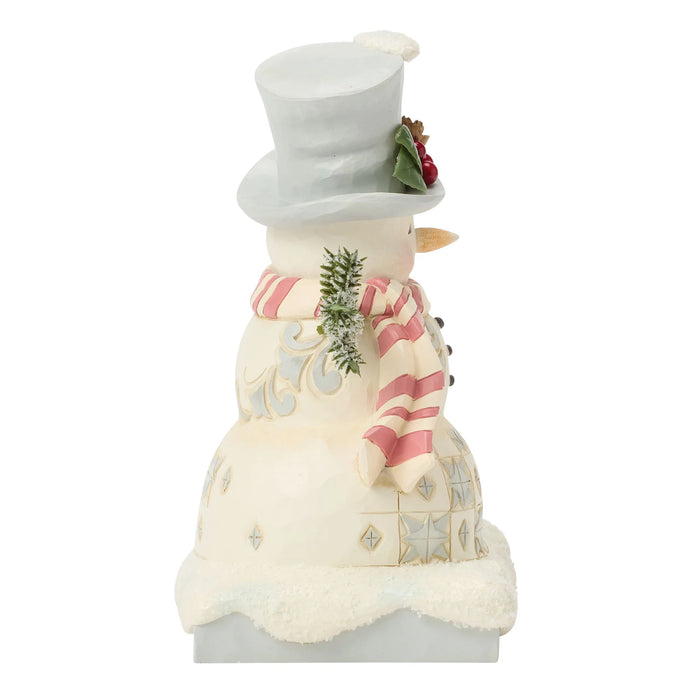 Frosty snowman figurine with a top hat and a pink scarf on a white background