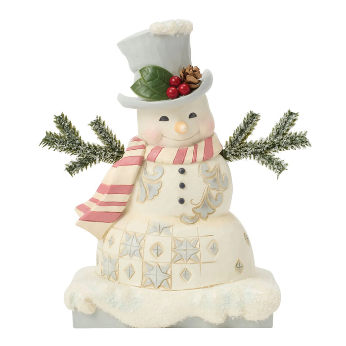 Frosty snowman figurine with a top hat and a pink scarf on a white background