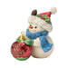 A festive snowman Christmas ornament holding a red 'Merry Christmas' bauble, featuring a red Santa hat, blue scarf, and white body on a plain white background.
