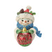 Snowman figurine with a hat and blue scarf holding a green and red ornament that says "Merry Christmas" on a white background