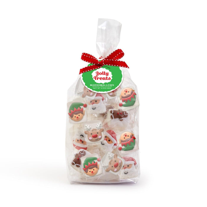 Bag of Jolly Treats marshmallows with Christmas-themed designs on a white background