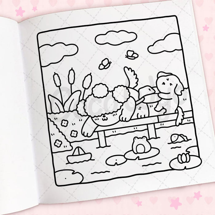 Coloring book page with a cartoon scene of animals by a pond on a pink background.