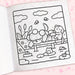 Coloring book page with a cartoon scene of animals by a pond on a pink background.