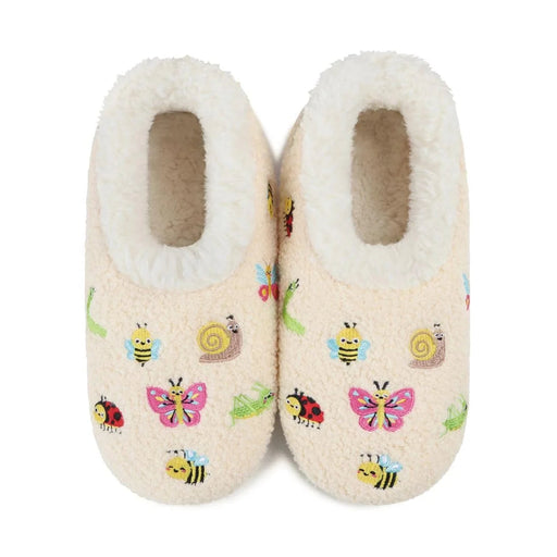 A pair of cream-colored fleece slipper boots decorated with colorful embroidered insects, including bees, butterflies, ladybugs, and snails, set against a plain white background.