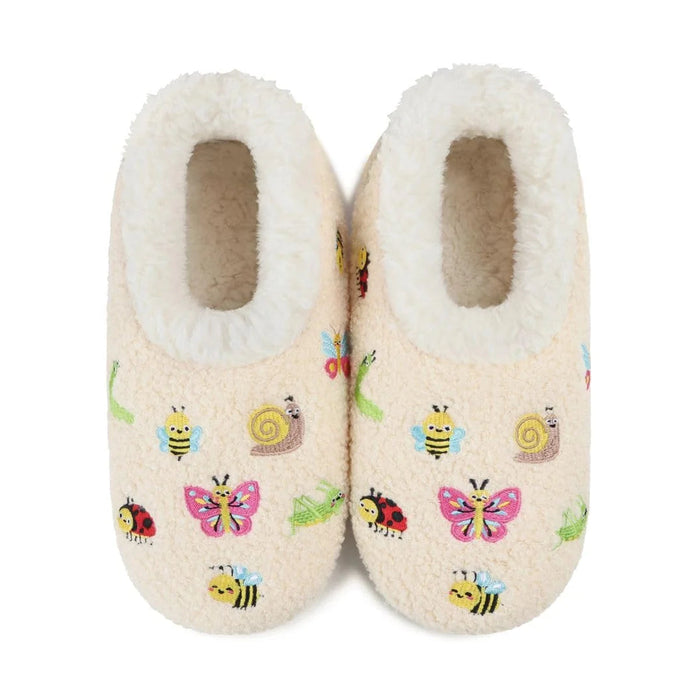 A pair of cream-colored fleece slipper boots decorated with colorful embroidered insects, including bees, butterflies, ladybugs, and snails, set against a plain white background.