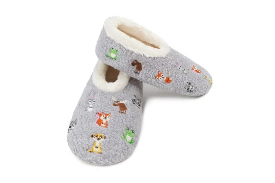 A pair of gray fleece slipper socks with a soft cream lining and a colorful cartoon animal print, shown on a plain white background.