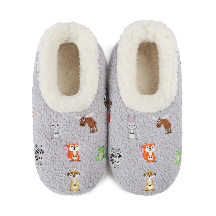 A pair of gray fleece slipper socks with a white sherpa lining and a colorful cartoon animal print, shown against a plain white background.