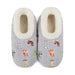 A pair of gray fleece slipper socks with a white sherpa lining and a colorful cartoon animal print, shown against a plain white background.