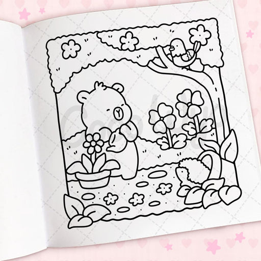 Coloring book page with a bear and flowers on a pink background