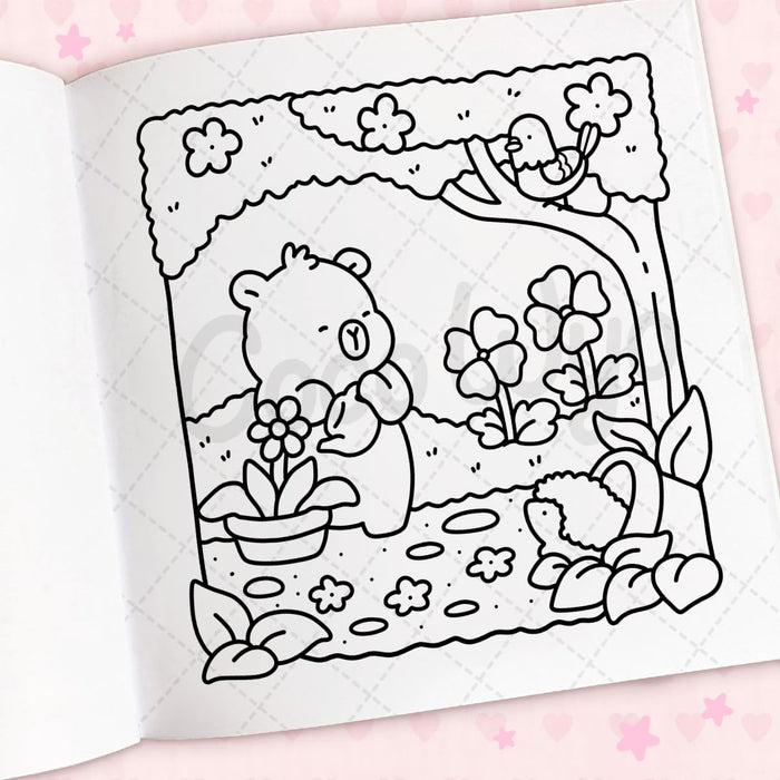 Coloring book page with a bear and flowers on a pink background
