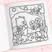Coloring book page with a bear and flowers on a pink background
