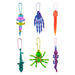 Colorful novelty items including a skeleton hand, spider, and other shapes on a white background