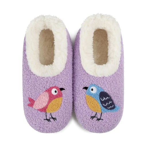 A pair of lavender purple fleece slipper boots with white sherpa lining and embroidered bird designs on the front, shown against a plain white background.