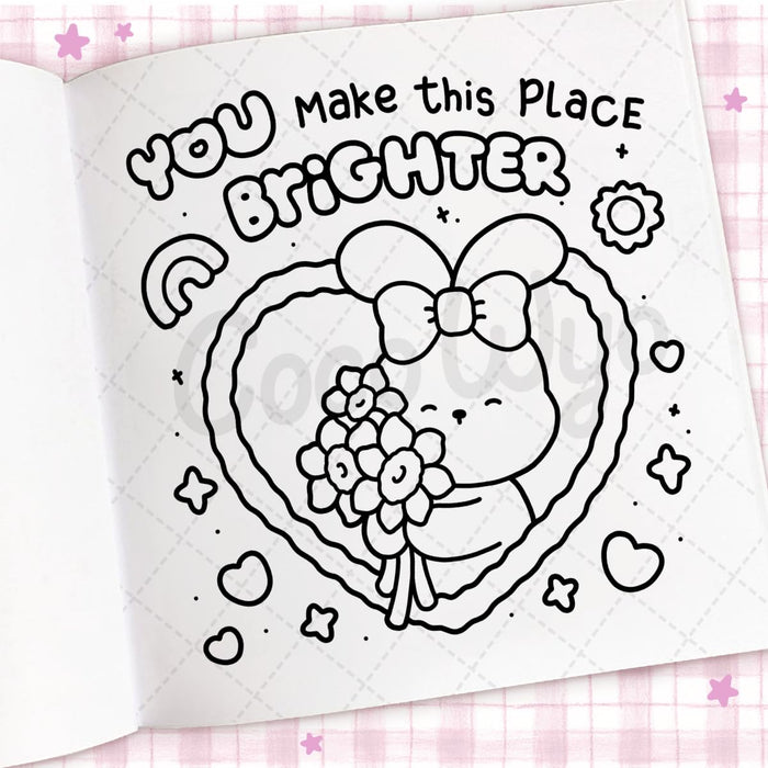 Cartoon character with flowers and text 'You make this place brighter' on a checkered background