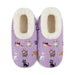 A pair of lavender purple fleece slippers with a white sherpa lining and an all-over print of various cat illustrations, shown against a plain white background.