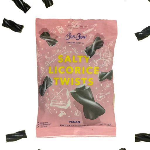 Pink package of BonBon Salty Licorice Twists with licorice twisters around it on a white background
