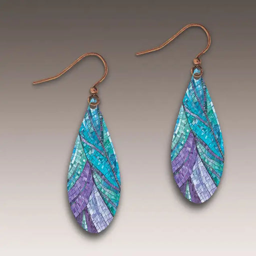 Pair of earrings with blue and purple pattern on a gray background
