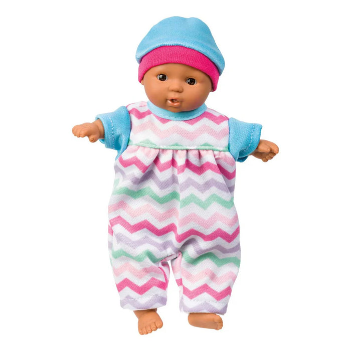 Baby doll wearing a colorful outfit with a chevron pattern on a white background