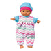 Baby doll wearing a colorful outfit with a chevron pattern on a white background