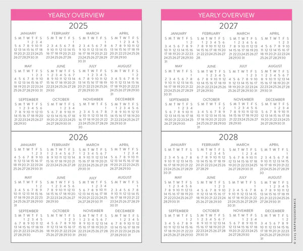 Four-year calendar overview from 2025 to 2028 on a white background