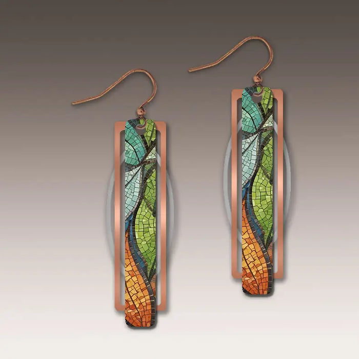 Mosaic-patterned earrings with copper frames on a gradient background