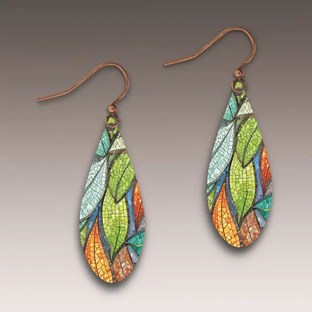 Colorful mosaic leaf-shaped earrings on a gray background