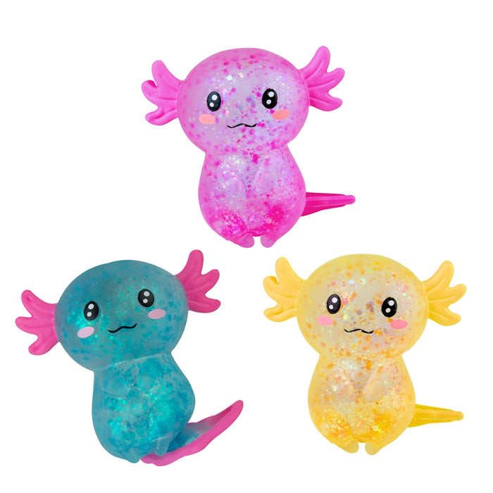 Three colorful axolotl plush toys on a white background