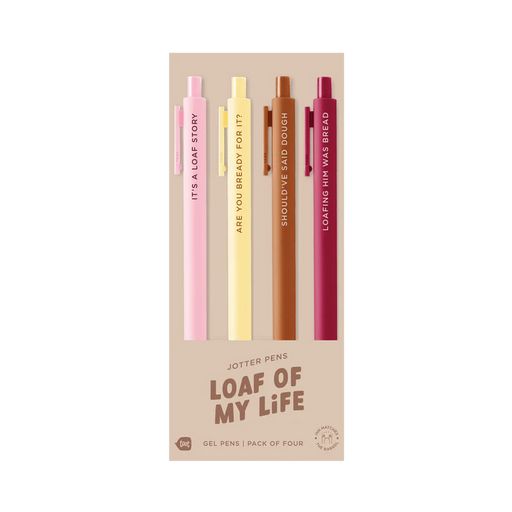 Set of four gel pens in different colors with text on their packaging, displayed against a white background.