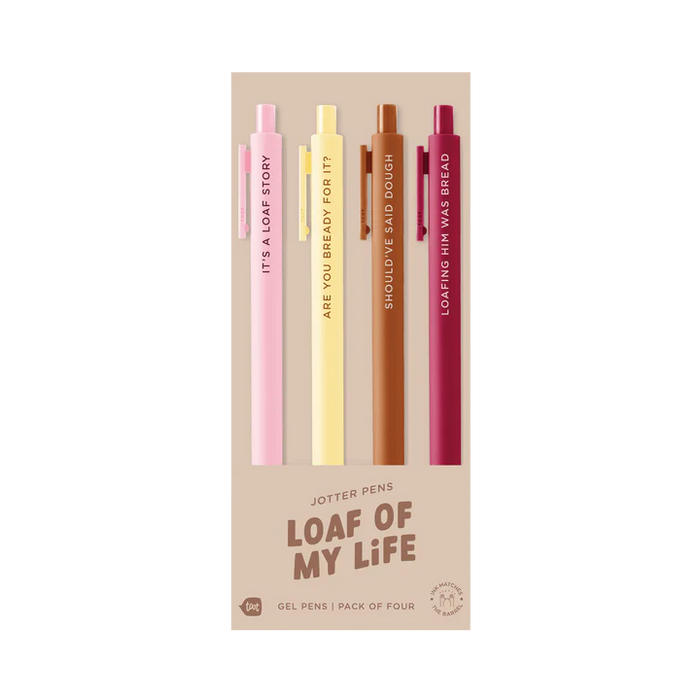 Set of four gel pens in different colors with text on their packaging, displayed against a white background.