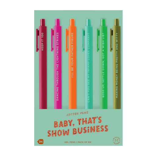 Pack of six colorful pens with humorous phrases on a light green background